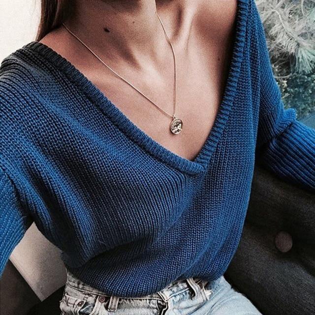 Elegant Autumn Winter Sweater Women's Knitted Sweaters Women Deep V Neck Sweaters casual Female Tops Pull Femme