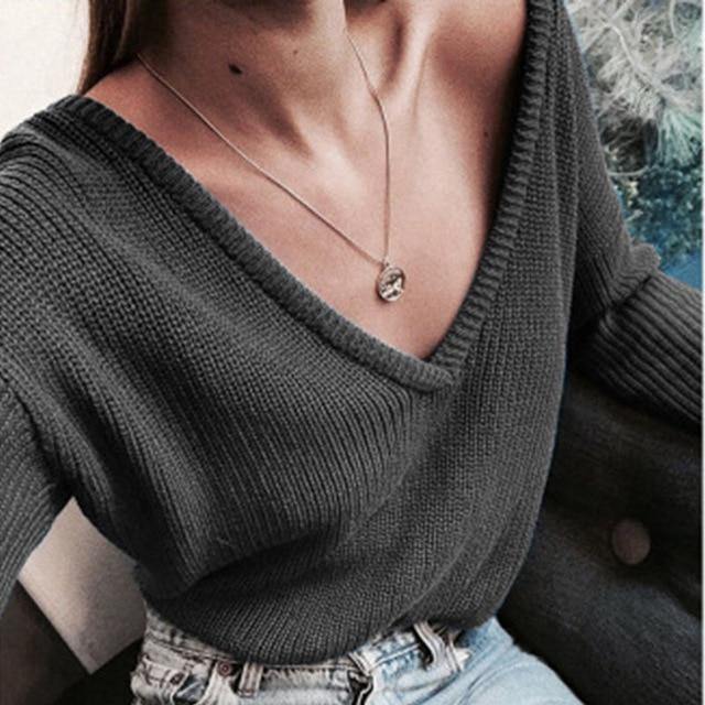 Elegant Autumn Winter Sweater Women's Knitted Sweaters Women Deep V Neck Sweaters casual Female Tops Pull Femme