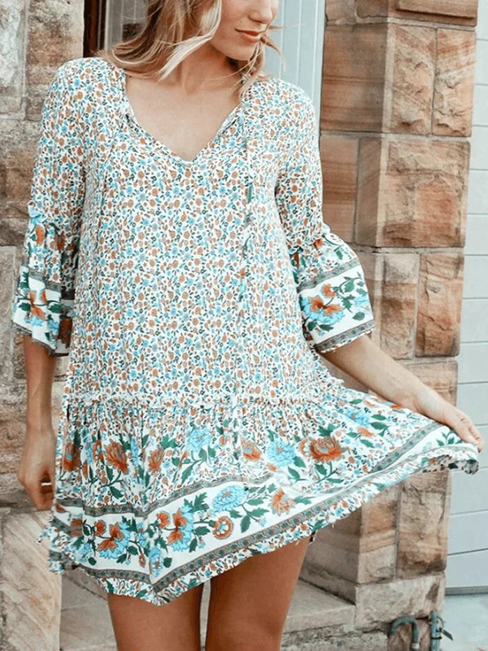 Bohemian Floral Print V Neck Summer Beach Mini Dress