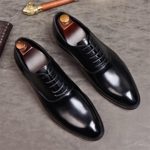 Genuine Leather Oxford Shoes - Formal Wedding Shoes with Laces and Brogue Details