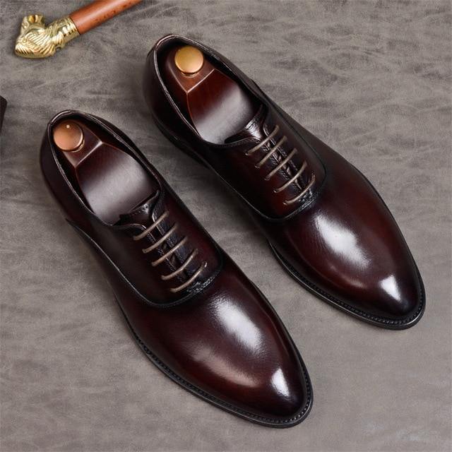 Genuine Leather Oxford Shoes - Formal Wedding Shoes with Laces and Brogue Details