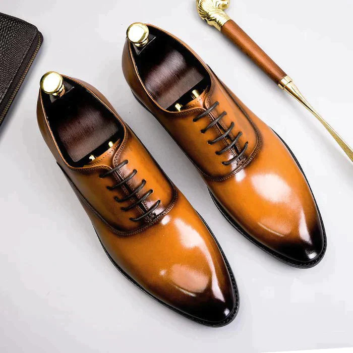 Genuine Leather Oxford Shoes - Formal Wedding Shoes with Laces and Brogue Details