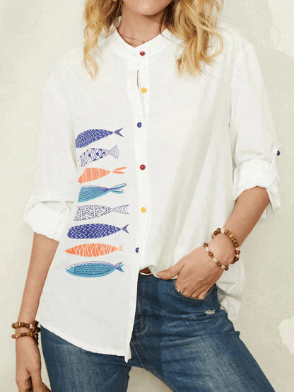 Fish Print Colorful Button Stand Collar Casual Long Sleeve Shirts for Women